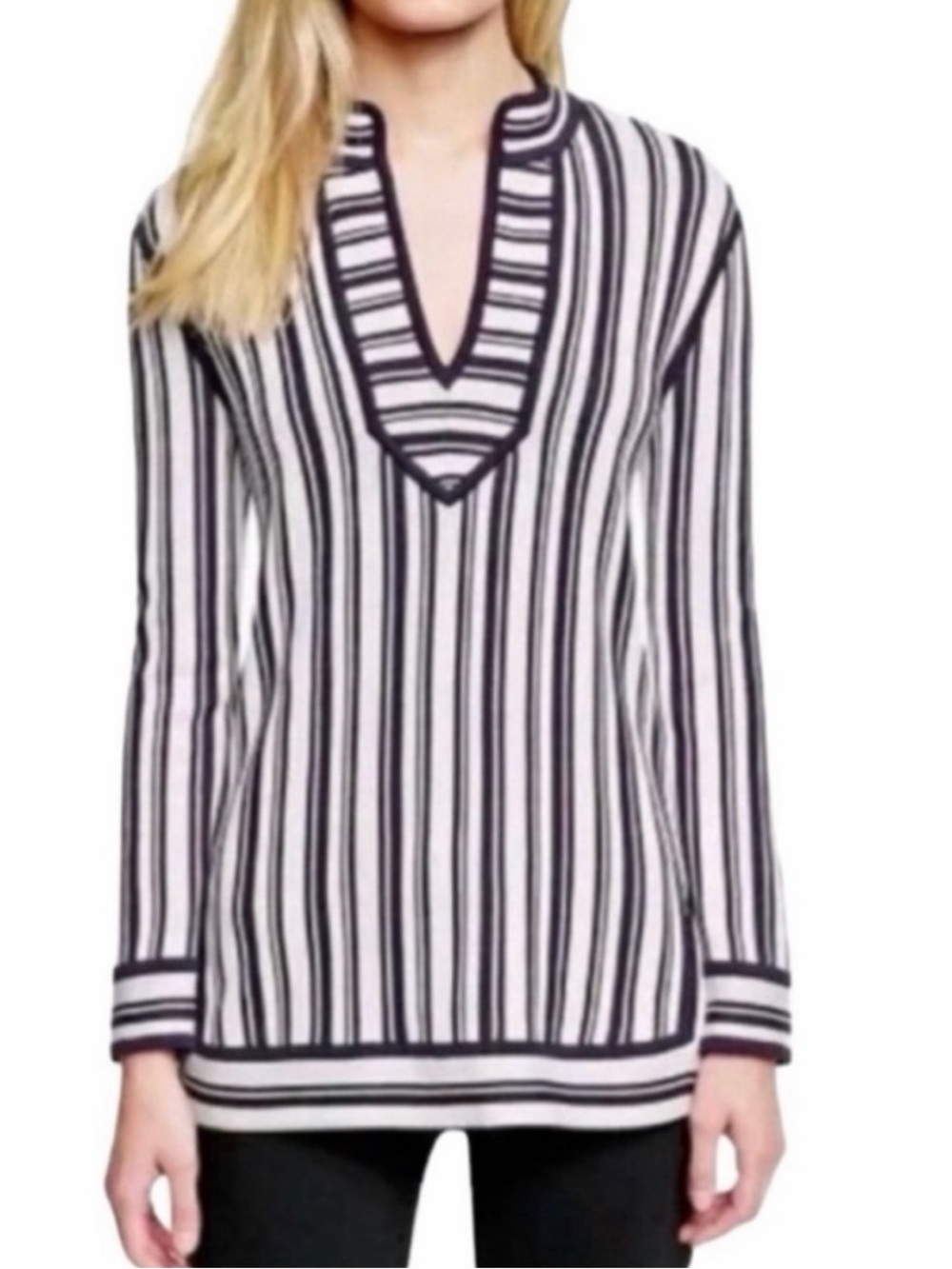 Tory Birch Gina Tunic Black and White Striped Cotton V-neck Top size Small - Picture 2 of 8